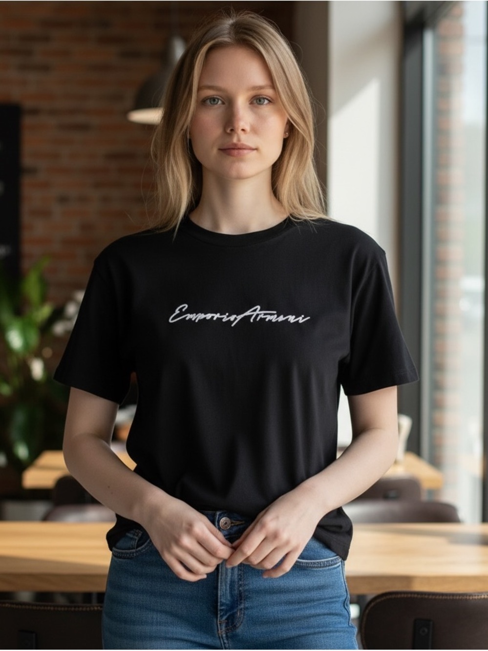 Emporio Armani Black Tee with White Script Logo